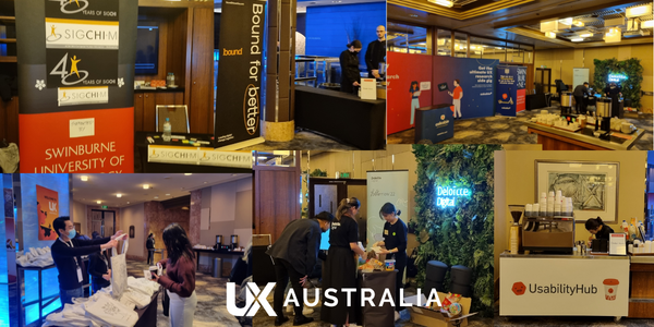 Collage of photos from the event, of sponsor booths