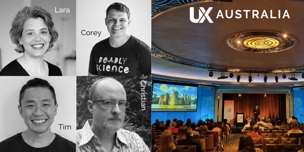 Profile pics of each keynote with an image of the UXA stage