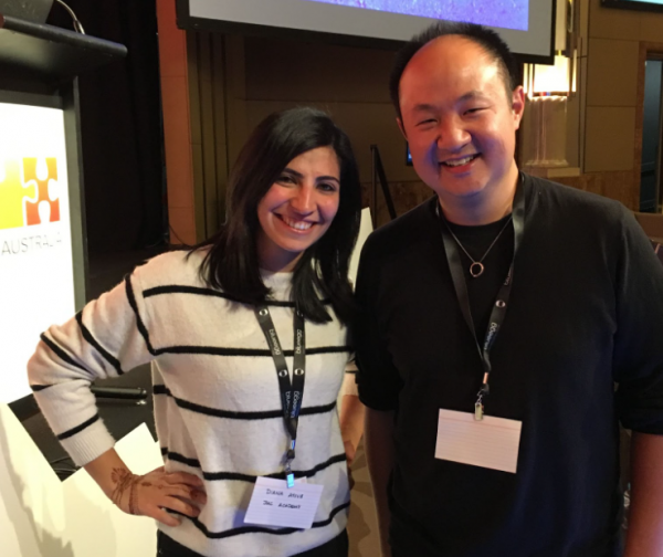 Photo of Diana and Alan at UX Australia 2018. A dark-haired man and woman standing next to each other.